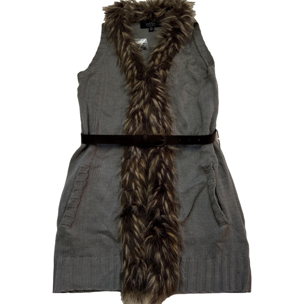 DASH by Kardashian Women's Gray Faux Fur Vest Size XXS Removable Belt Pockets